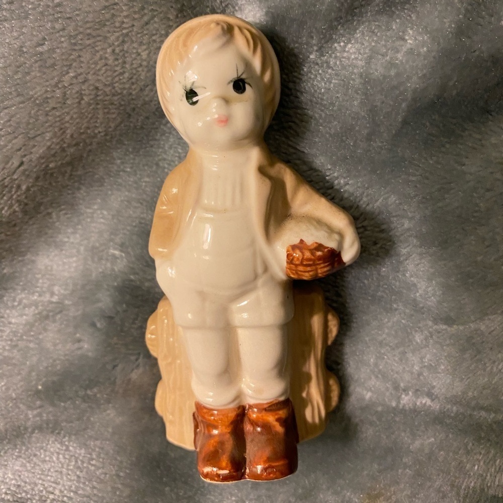 Vintage porcelain little boy by fence figurine bisque glazed #03